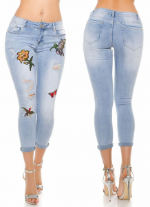 jeans cu broderie fluturi si flori